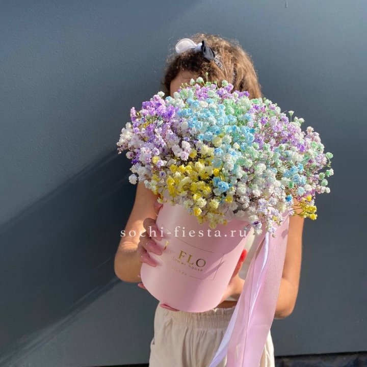 Радужные гипсофилы в шляпной коробке в Пскове