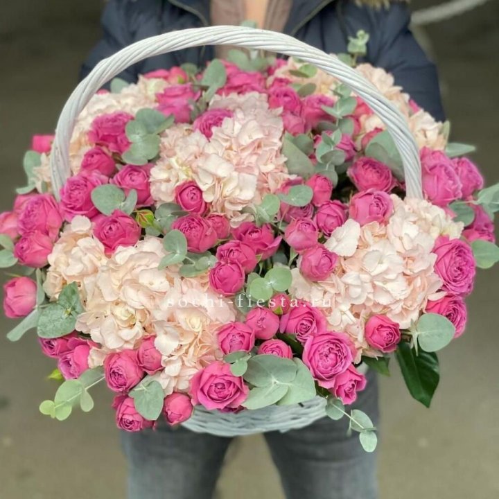 Корзина с гортензией и Мисти Баблс в Пскове