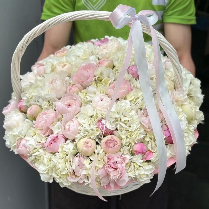 Премиум корзина гортензий и пионов в Пскове