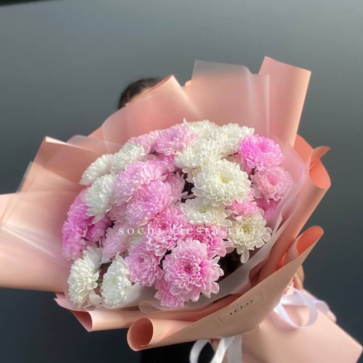  Букет бело-розовых хризантем  в Пскове